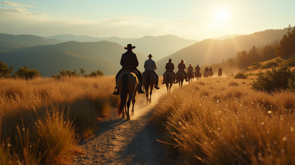 High angle view of horseback riders traversing a scenic trail